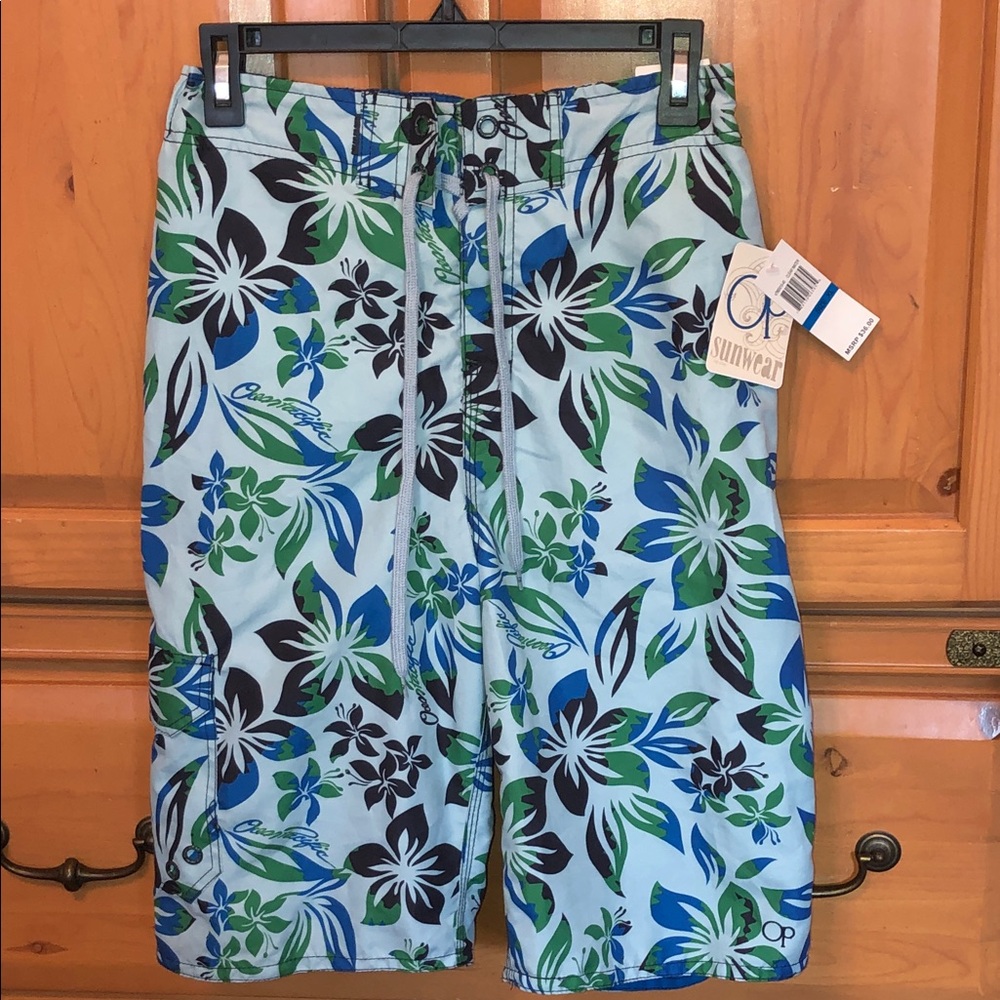 OP Boys Extra LargLight Blue Floral Swim trunks with Green & Black Accents NWT